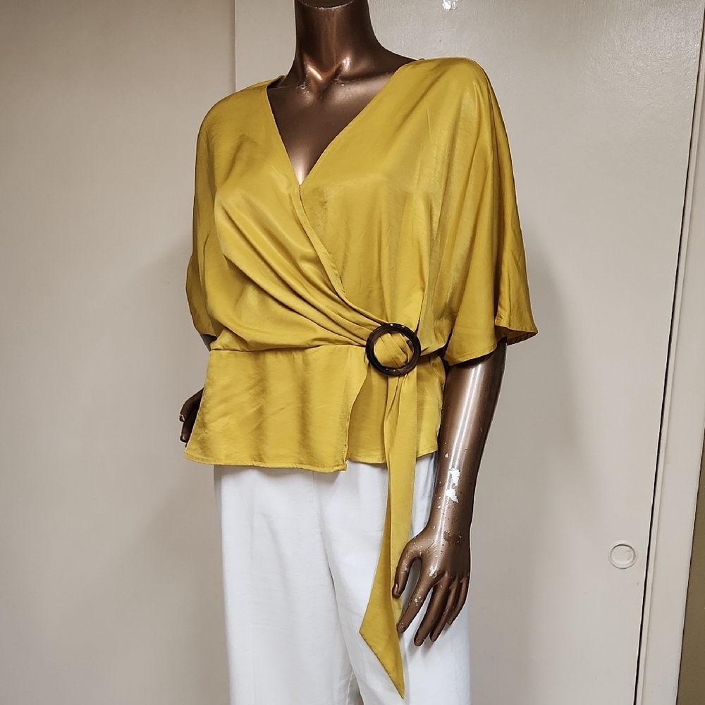 NWT L.N.V. Chic Mustard Wrap Blouse with Ring Detail